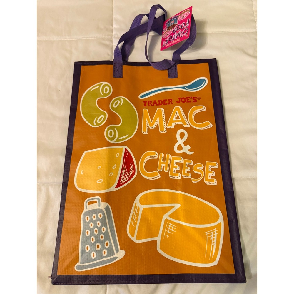 Trader Joe's Mac & Cheese Reusable Grocery Bag Tote 6 Gallon Orange Purple NWT
